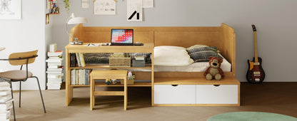 Twin Size Daybed With Storage Shelves And Lockers, Multi Functional Bed With Study Desk And Matching Stool - Natural