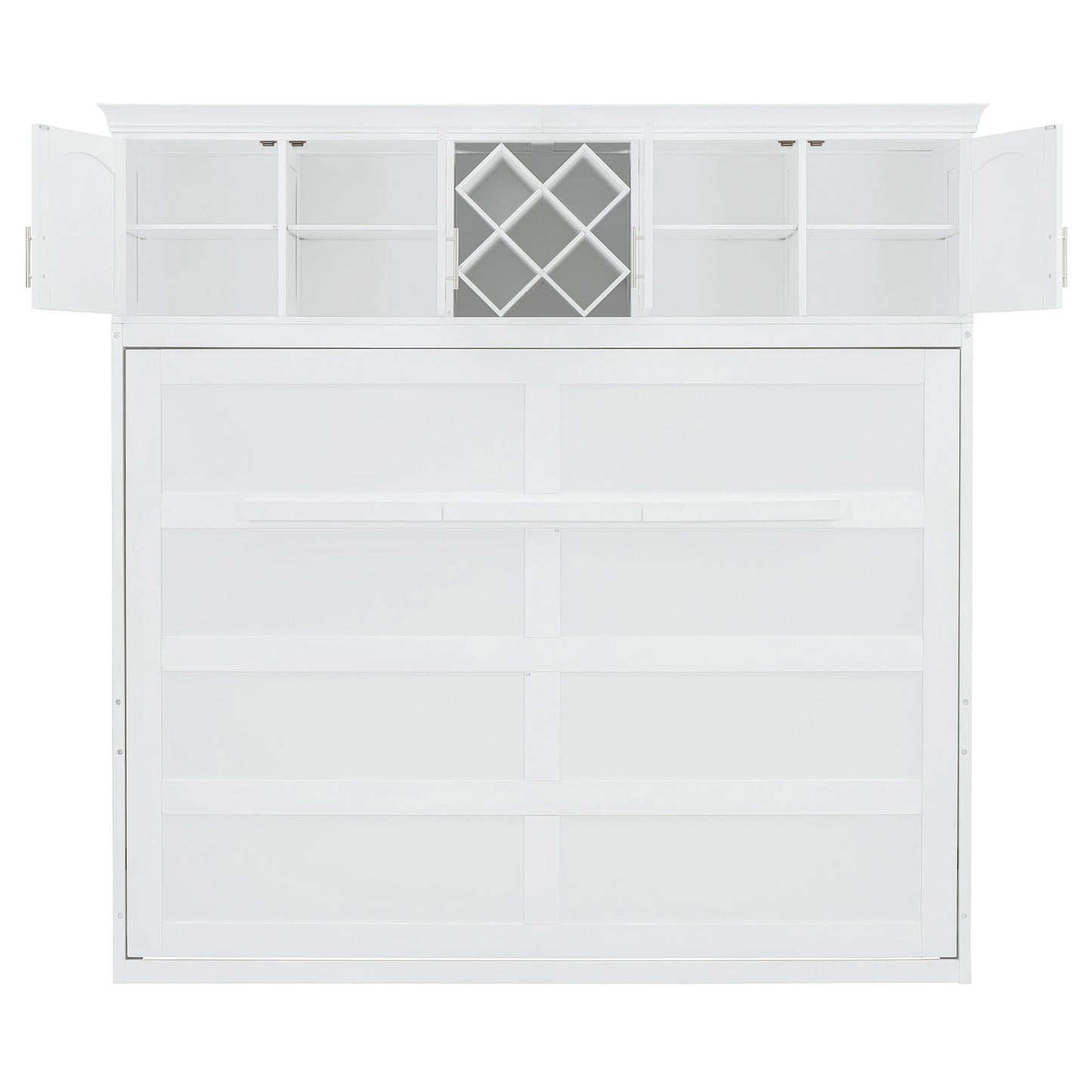 Queen Size Murphy Wall Bed With Top Cabinets & Wine Rack - White