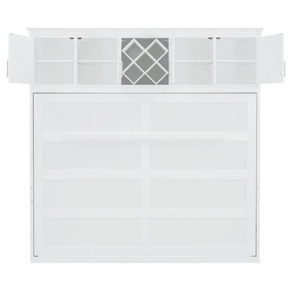 Queen Size Murphy Wall Bed With Top Cabinets & Wine Rack - White