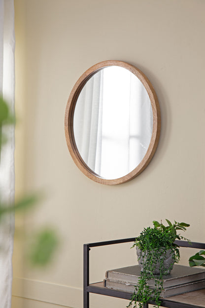 Circle Wall Mirror With Wooden Frame, Wall Mirror For Living Room - Brown