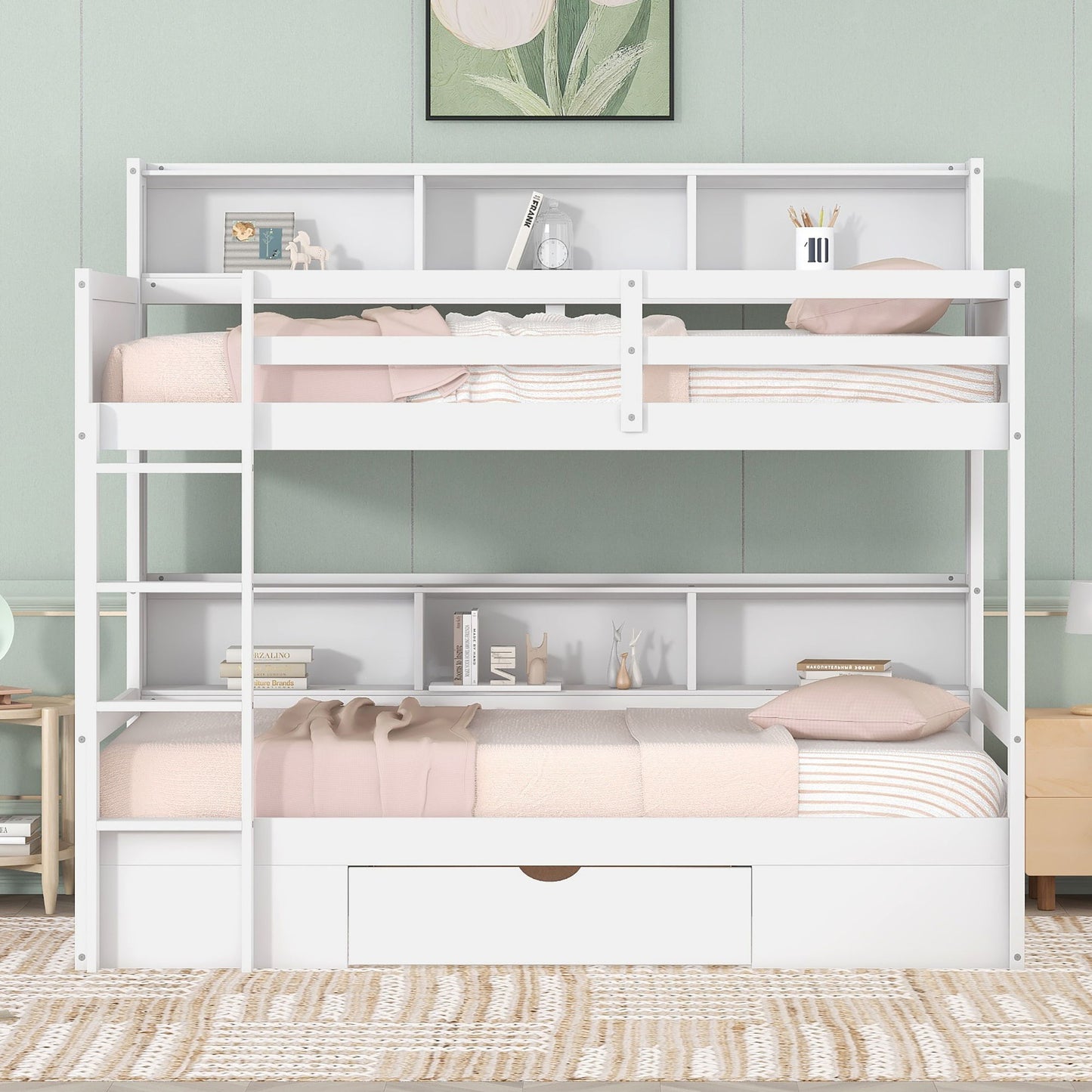 Twin Size Bunk Bed With Built-In Shelves Beside Both Upper And Down Bed And Storage Drawer - White