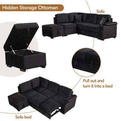 Sleeper Sofa Bed, 2 In 1 Pull Out Sofa Bed L-Shape Couch With Storage Ottoman For Living Room, Bedroom Couch And Small Apartment - Black