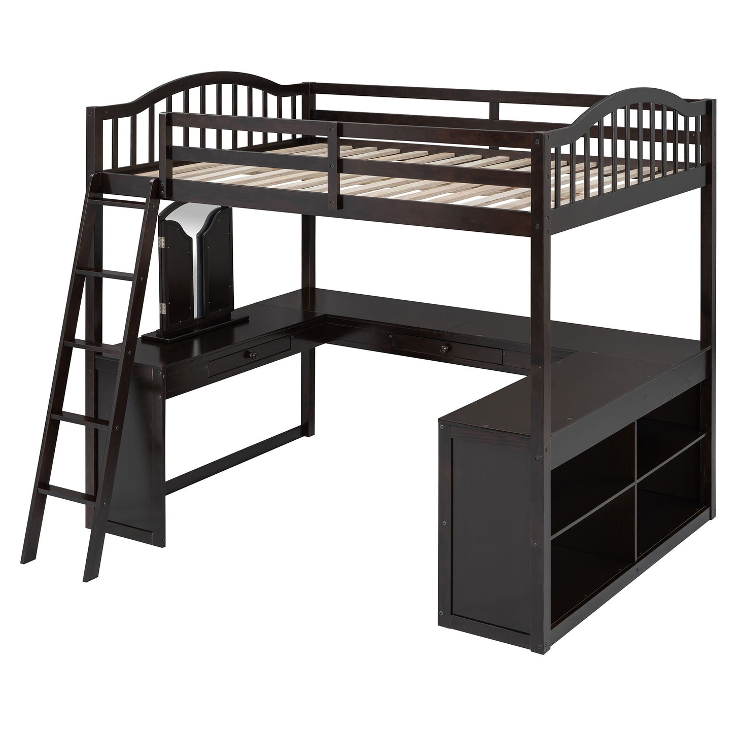 Full Loft Bed With U Shaped Desk, Storage Compartments And Tri Fold Mirror - Espresso