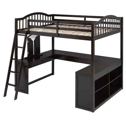 Full Loft Bed With U Shaped Desk, Storage Compartments And Tri Fold Mirror - Espresso