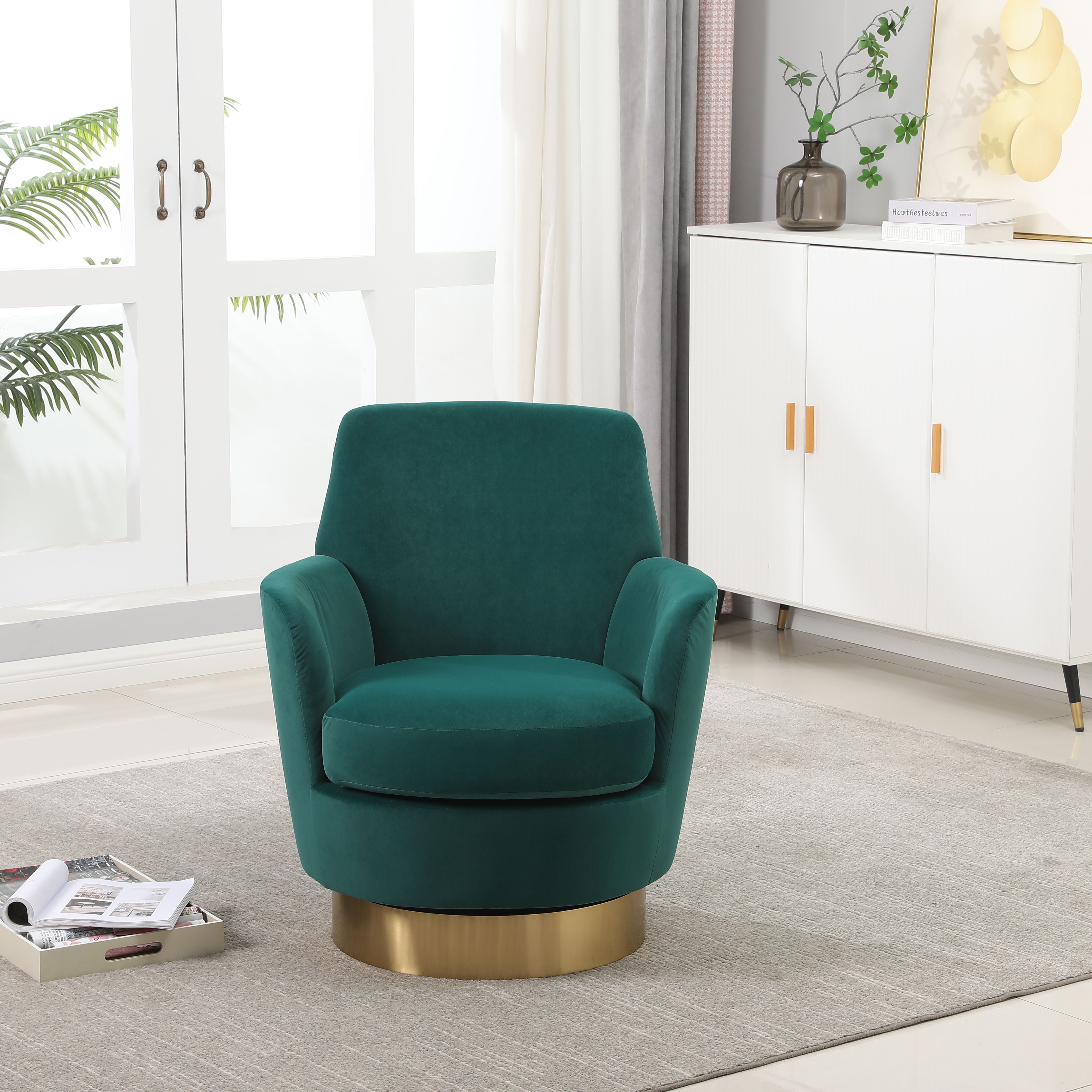 Velvet Swivel Barrel Chair, Swivel Accent Chairs Armchair For Living Room, Reading Chairs For Bedroom Comfy, Round Barrel Chairs With Gold Stainless Steel Base - Emerald