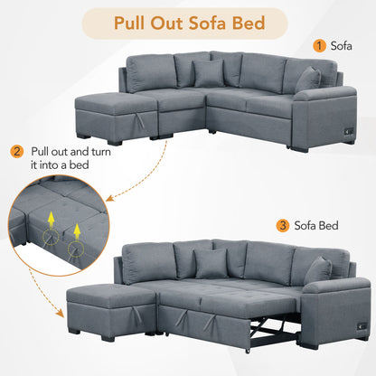 Sleeper Sectional Sofa, L-Shape Corner Couch Sofa - Bed With Storage Ottoman & Hidden Arm Storage & USB Charge For Living Room Apartment - Dark Gray