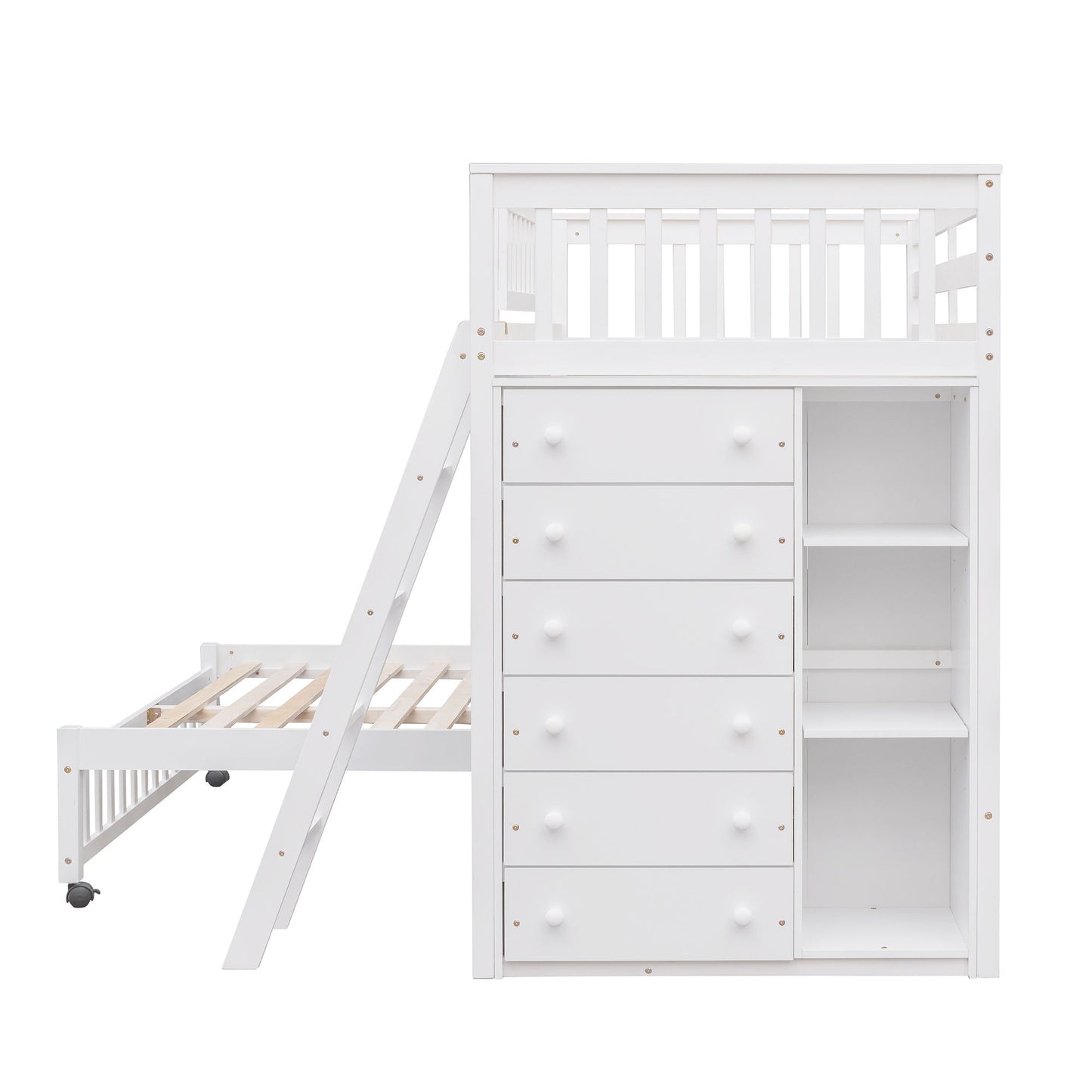 Twin Over Full Bunk Bed With 6 Drawers And Flexible Shelves, Bottom Bed With Wheels - White