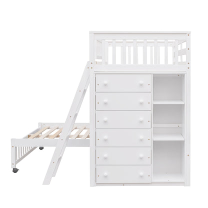 Twin Over Full Bunk Bed With 6 Drawers And Flexible Shelves, Bottom Bed With Wheels - White