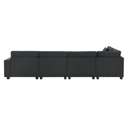 U Shaped Sectional Sofa 6 Seat Couch Set With Oversized Ottoman, Hidden Armrest Storage And Cup Holders USB Charging Ports Wide Seat Sofa - Black