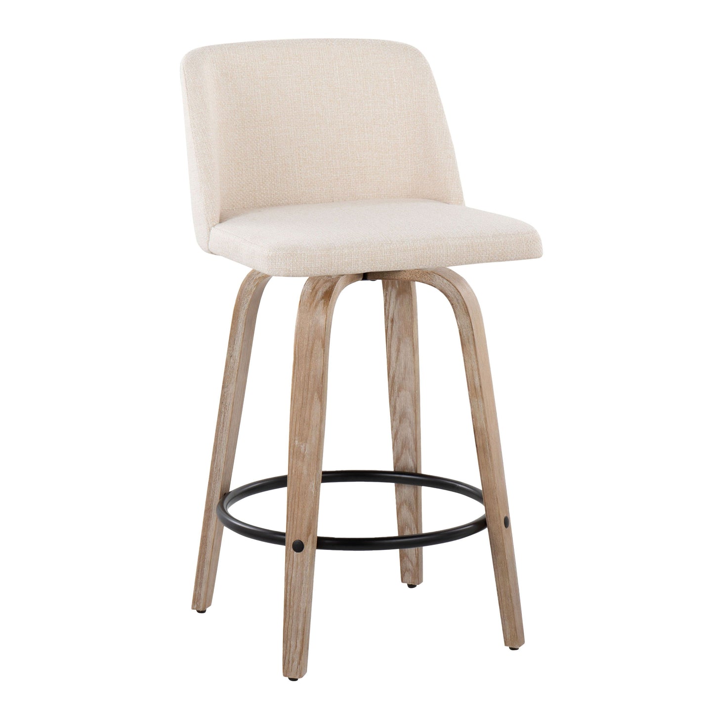 Toriano - Mid-Century Modern Fixed Height Counter Stool With Swivel With Round Footrest (Set of 2) - White Washed / Cream