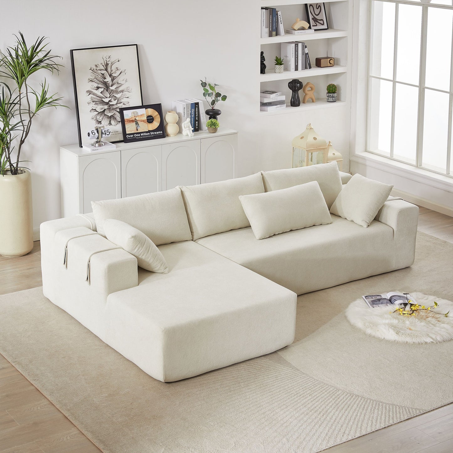 Modern Chenille Upholstered Sectional Sofa Couch Set, Modular L Shaped Sectional Living Room Sofa Set With 6 Pillows, Free Combination - Beige