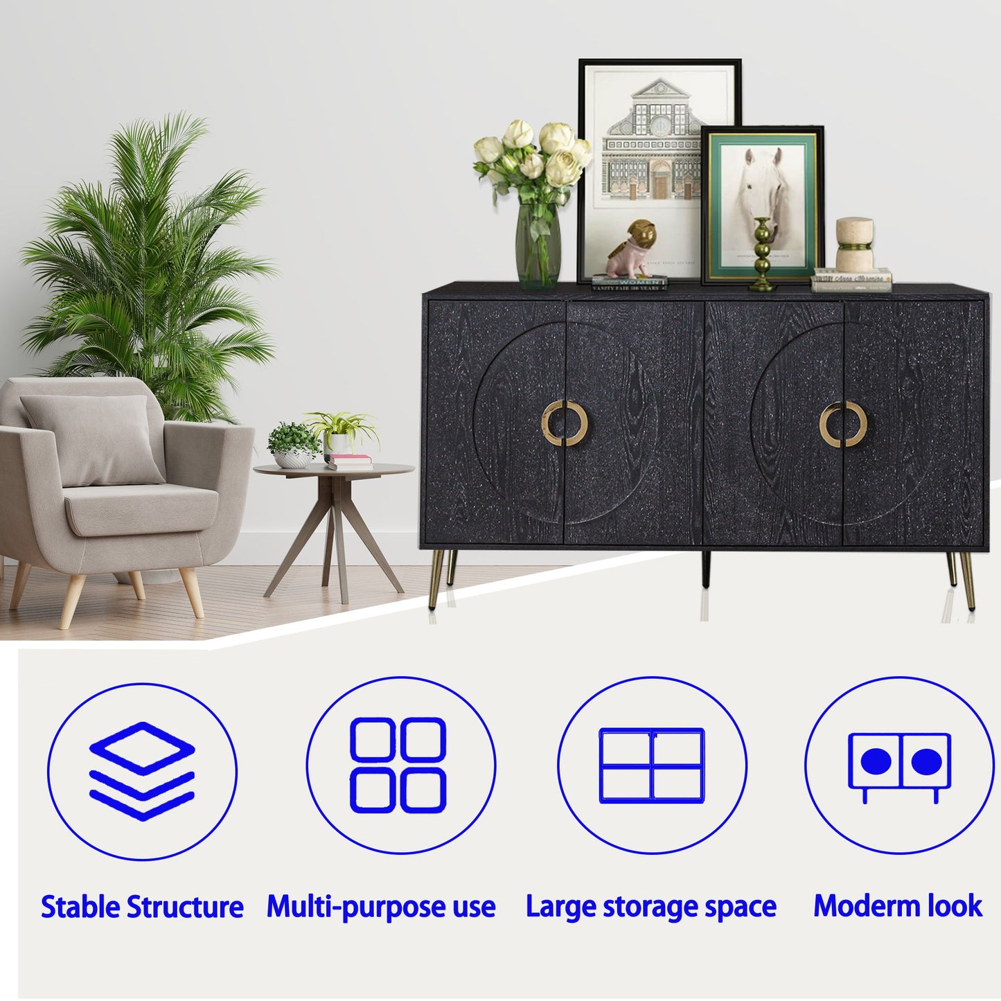 Modern Lacquered 4 Door Wooden Cabinet Sideboard Buffet Server Cabinet Storage Cabinet, For Living Room, Entryway, Hallway, Office, Kitchen And Dining Room - Distressed Black