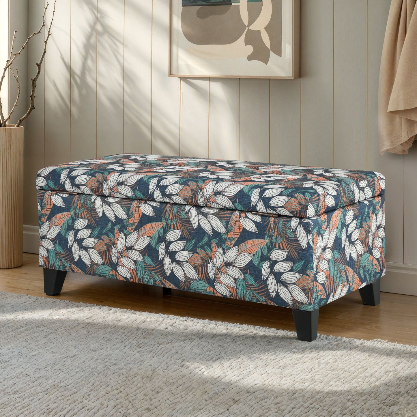 Elegant Flower Pattern Storage Ottoman With Soft Upholstery And Wood Frame - Flower