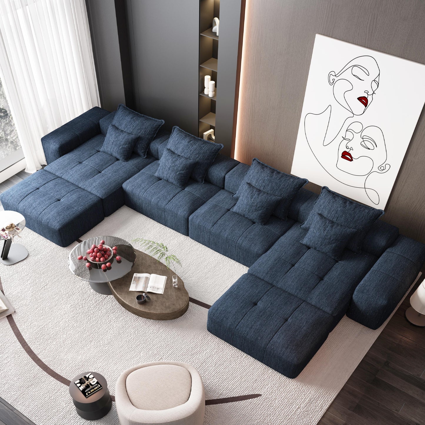 Modern Oversized Modular Sectional Sofa, Sparkling Chenille Fabric Soft Cushion Sofa With 8 Pillows, 8 Pieces Diy Combination Tufted Sofa, No Assembly Required - Blue