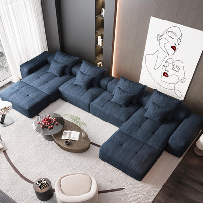Modern Oversized Modular Sectional Sofa, Sparkling Chenille Fabric Soft Cushion Sofa With 8 Pillows, 8 Pieces Diy Combination Tufted Sofa, No Assembly Required - Blue