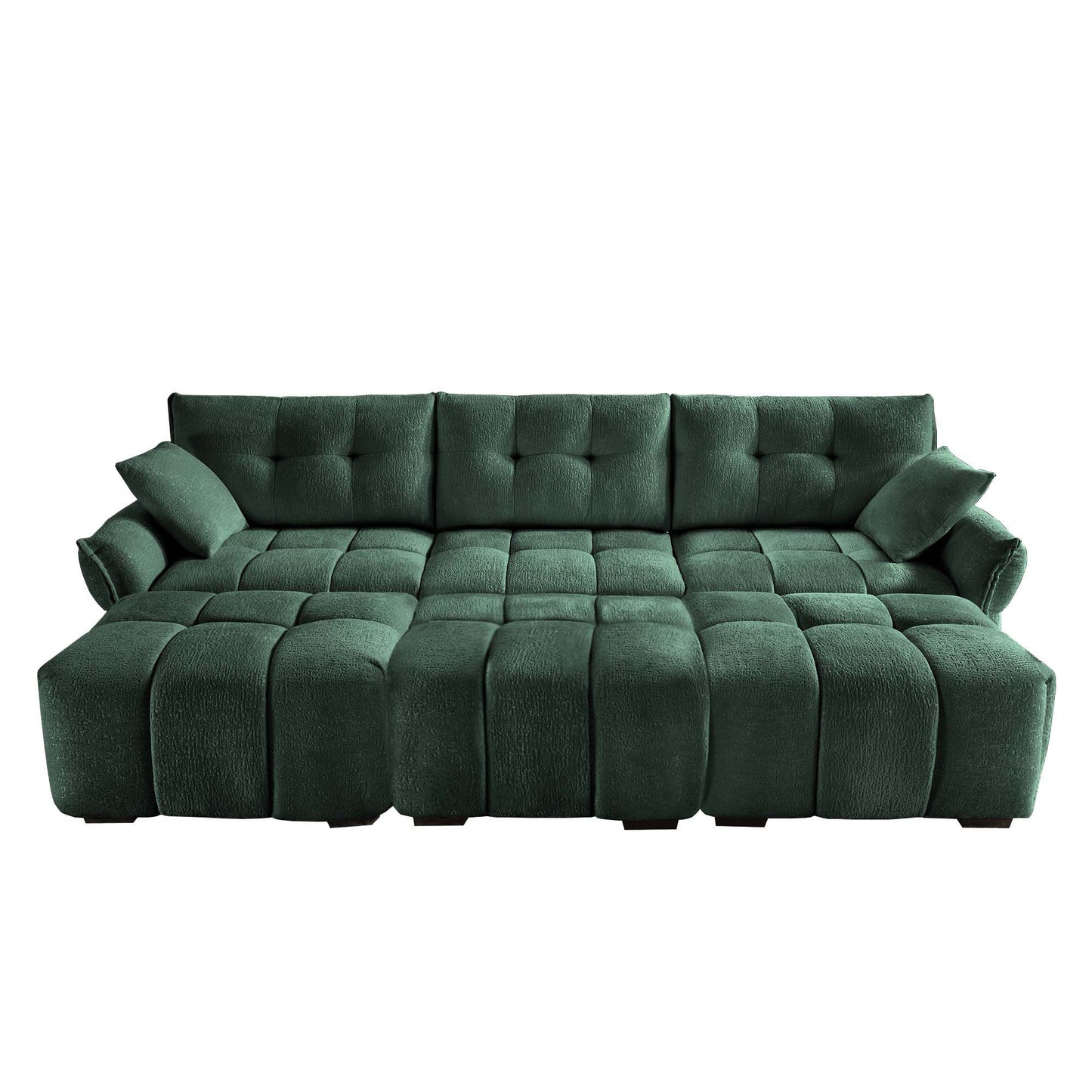 Elegant Textured 3 Seater Sofa Set With 3 Ottomans And Pillows Frame - Green