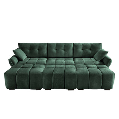Elegant Textured 3 Seater Sofa Set With 3 Ottomans And Pillows Frame - Green