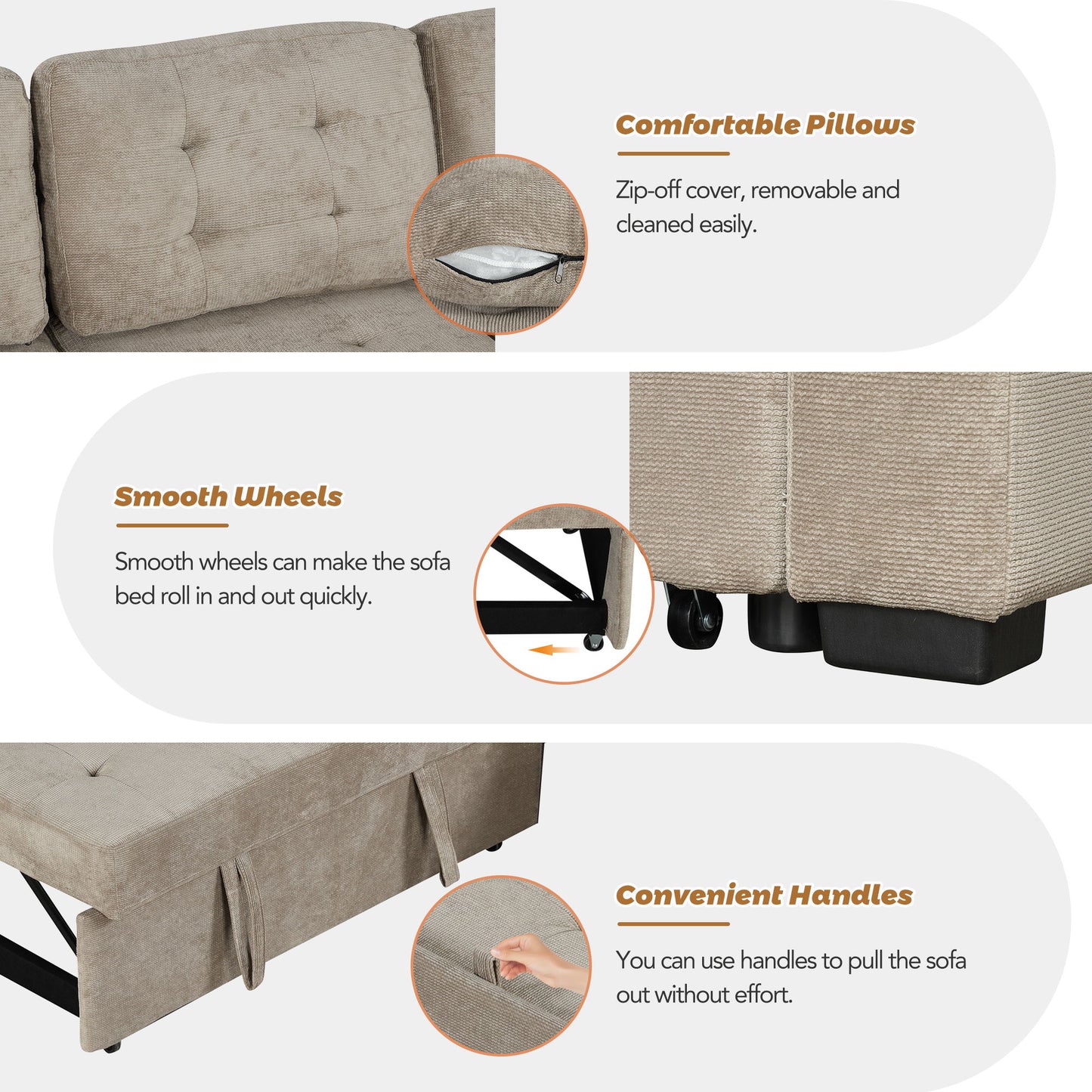 L-Shape Sofa Bed Pull-Out Sleeper Sofa With Wheels, USB Ports, Power Sockets For Living Room - Khaki