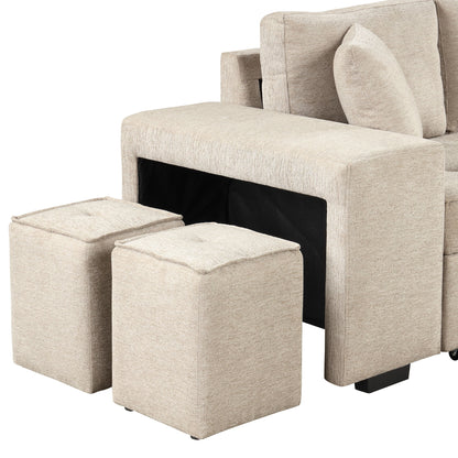 Modern L-Shape 3 Seat Reversible Sectional Couch, Pull Out Sleeper Sofa With Storage Chaise And 2 Stools For Living Room Furniture Set - Cream