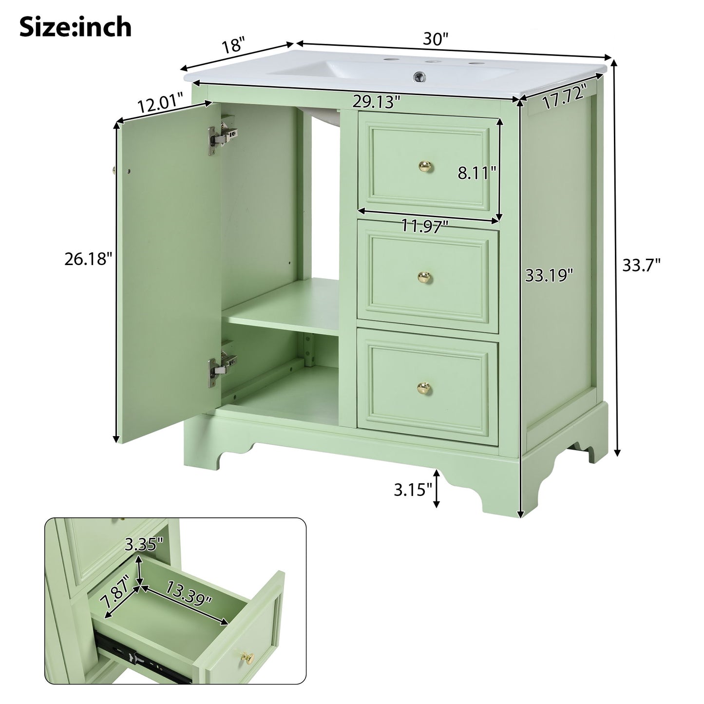 Bathroom Vanity Cabinet With Ceramic Basin, 3 Drawers And Adjustable Shelves - Green