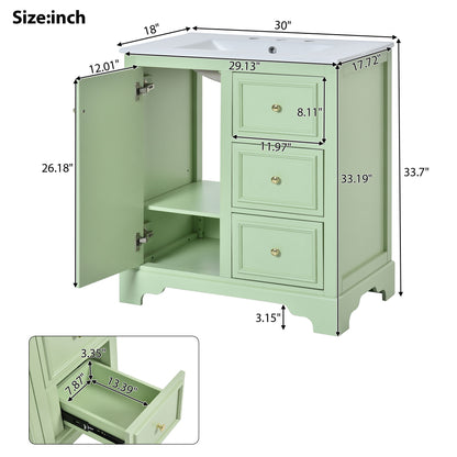 Bathroom Vanity Cabinet With Ceramic Basin, 3 Drawers And Adjustable Shelves - Green
