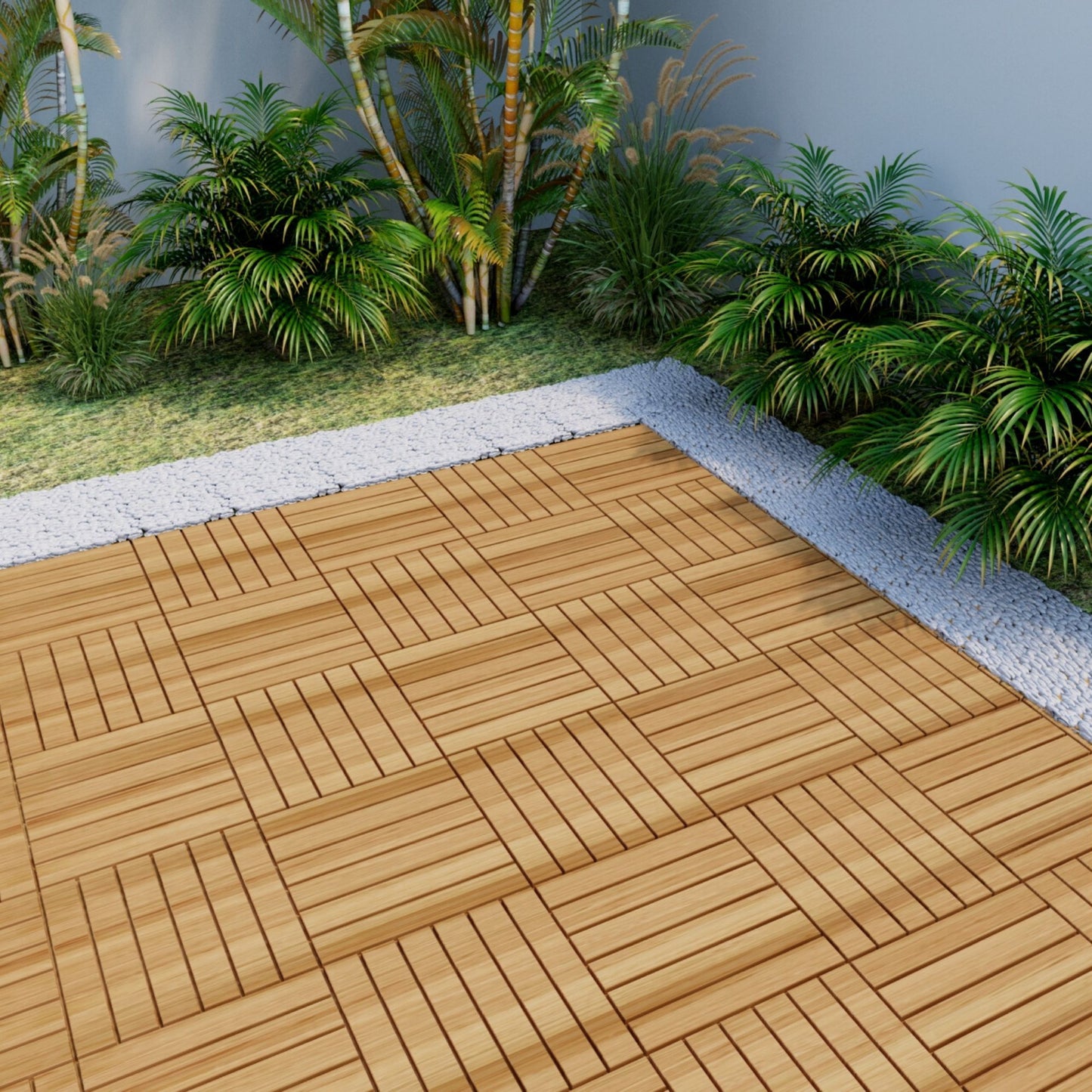 10 Piece Interlocking Deck Tiles Striped Pattern, Square Acacia Hardwood Outdoor Flooring For Patio, Bancony, Pool Side - Yellow