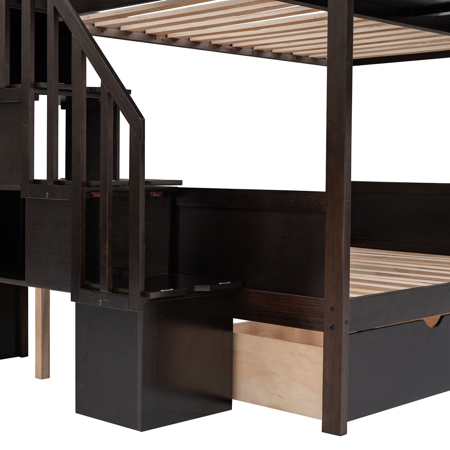 Twin Over Full Bunk Bed With Shelfs, Storage Staircase And 2 Drawers - Espresso