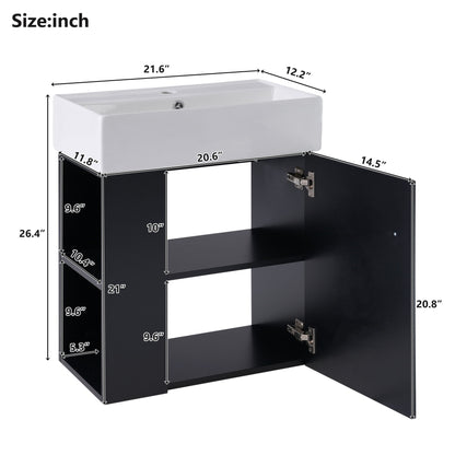 Modern Floating Bathroom Vanity With Ceramic Basin, Perfect For Small Bathrooms, Left Side Storage - Black