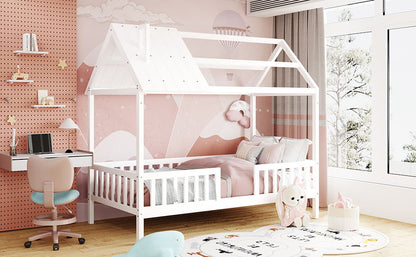 Twin Size House Bed With Fence - White