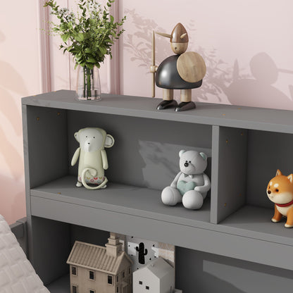 Full Floor Bed With Side Bookcase, Shelves, Guardrails - Gray