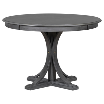 5 Piece Retro Round Dining Table Set With Curved Trestle Style Table Legs And 4 Upholstered Chairs For Dining Room - Dark Gray