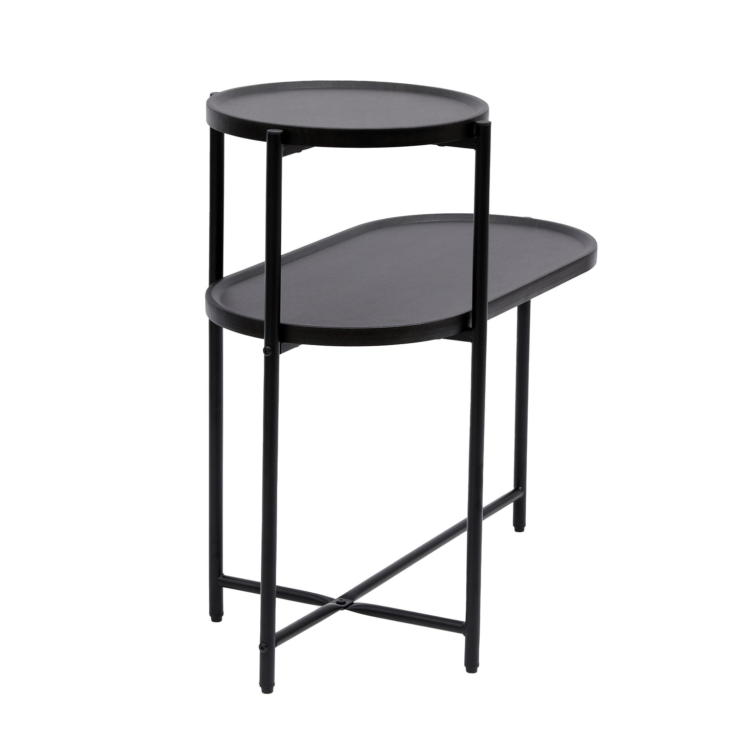 Round Coffee Table With Storage Tray 2 Tier Oval End Tables Wooden Small Side Table For Living Room - Black