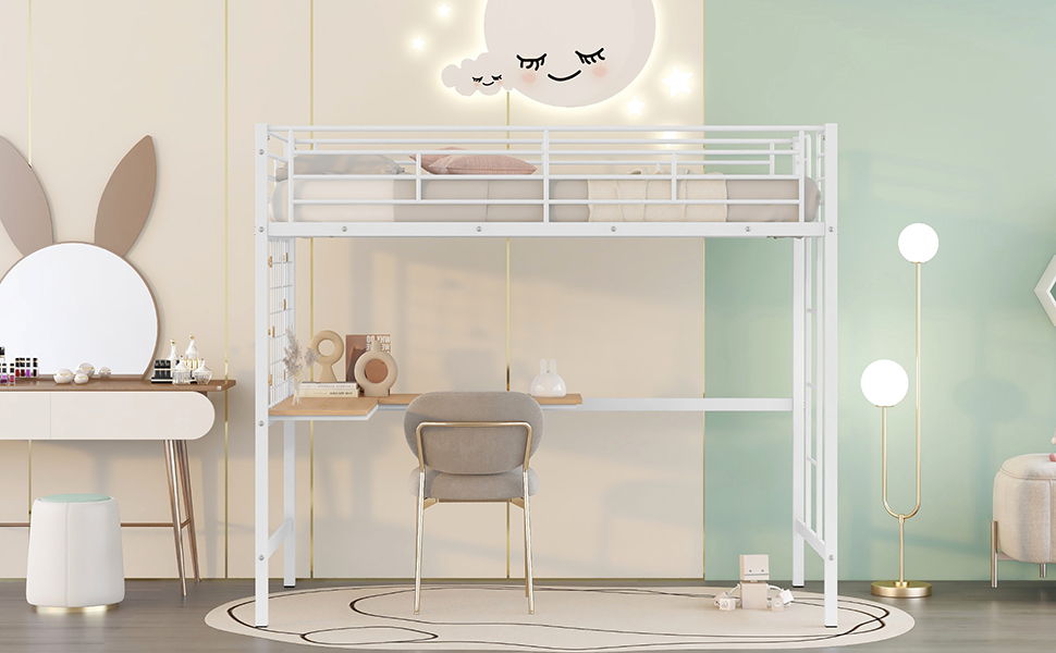 Twin Loft Bed With Desk And Grid - White