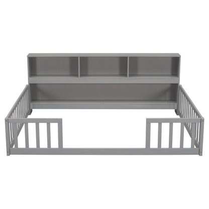 Full Floor Bed With Side Bookcase, Shelves, Guardrails - Gray