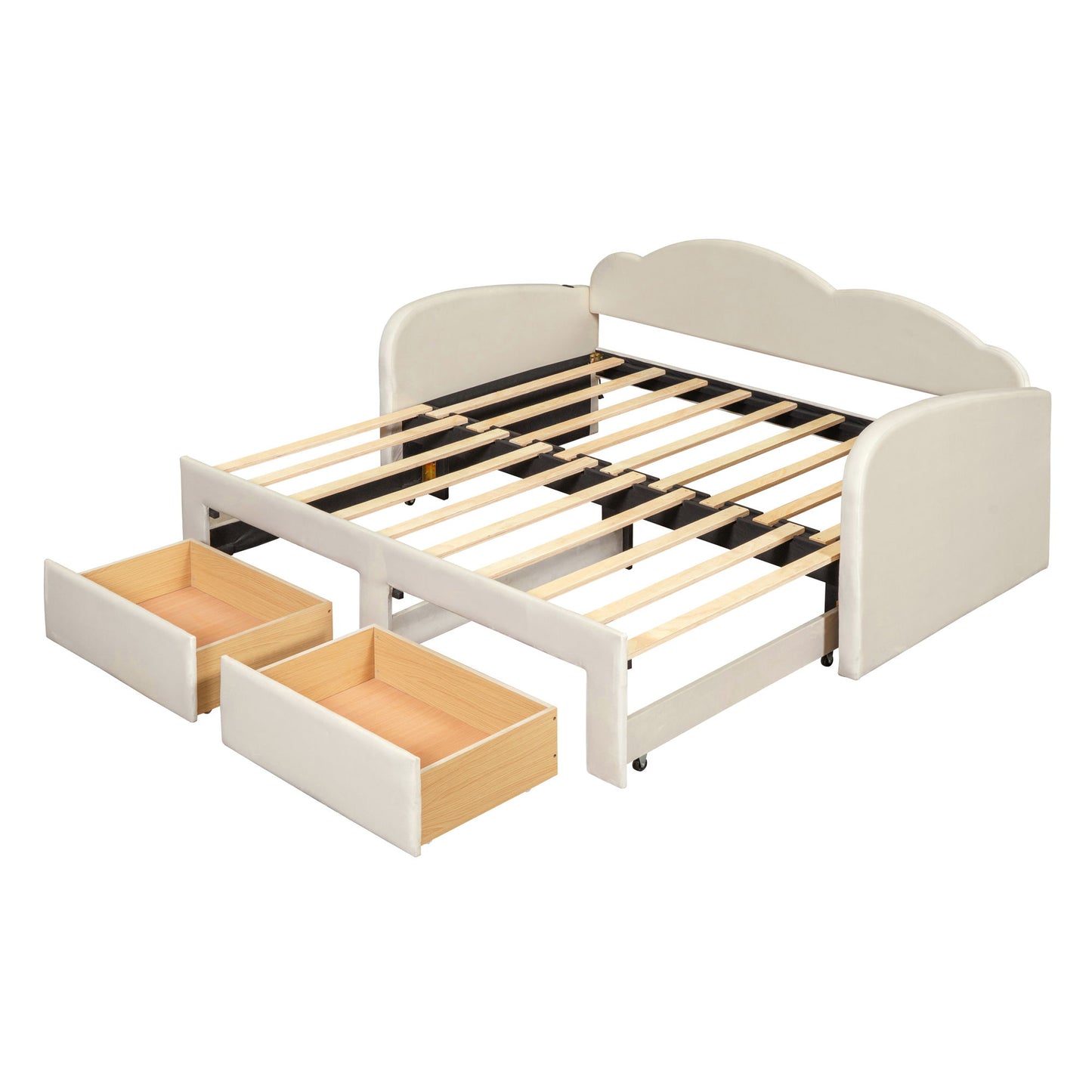 Twin Size Upholstered Daybed With Cloud-Shaped Backrest, Trundle & 2 Drawers And USB Ports - Beige