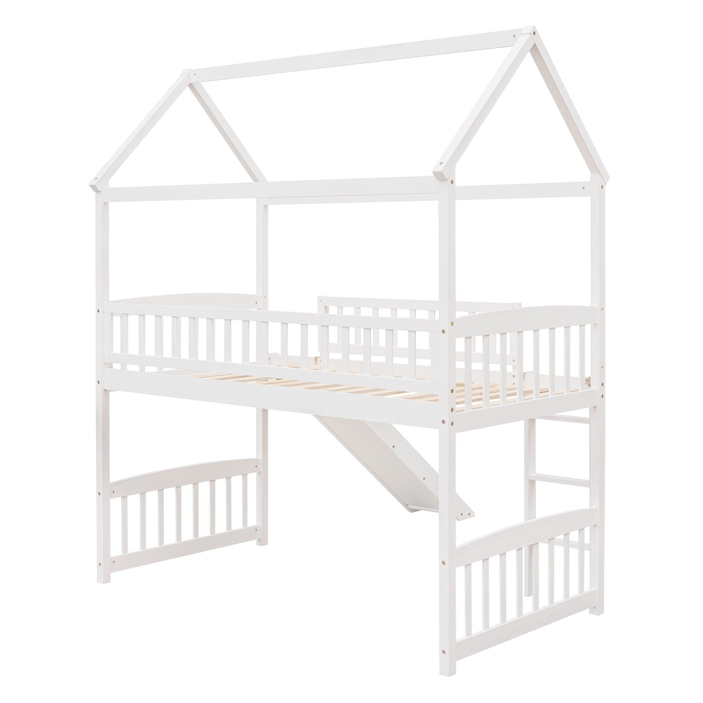 Twin House Loft Bed With Slide - White