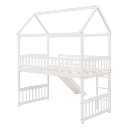 Twin House Loft Bed With Slide - White