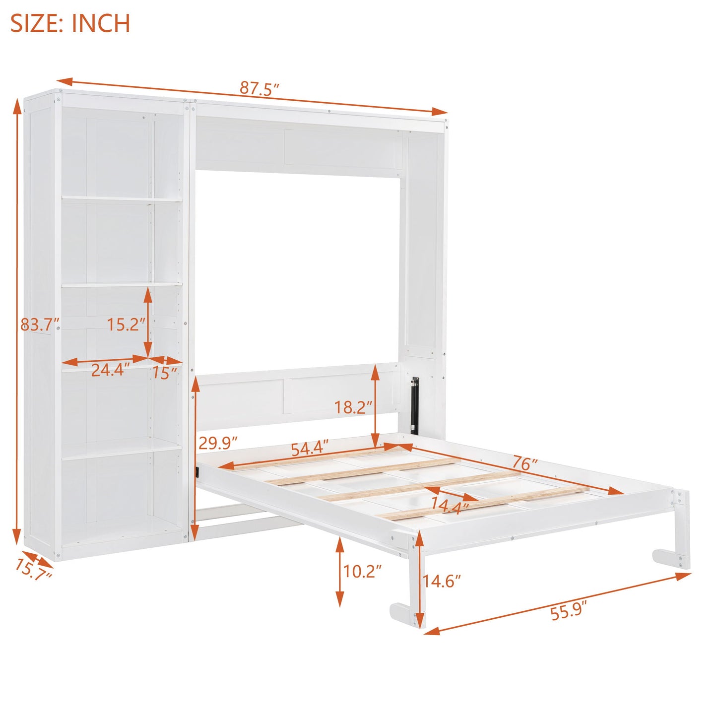 Full Size Murphy Wall Bed With Shelves - White