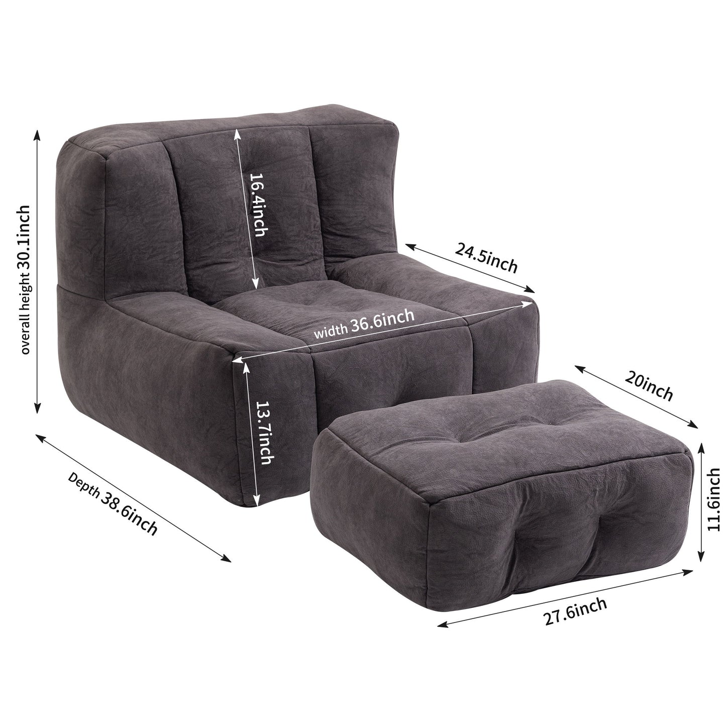Fluffy Bean Bag Chair, Comfortable Bean Bag For Adults And Children, Super Soft Lazy Sofa Chair With Memory Foam And Ottoman, Indoor Modern Focus Bean Bag Chair For Living Room, Bedroom, Apartment - Black