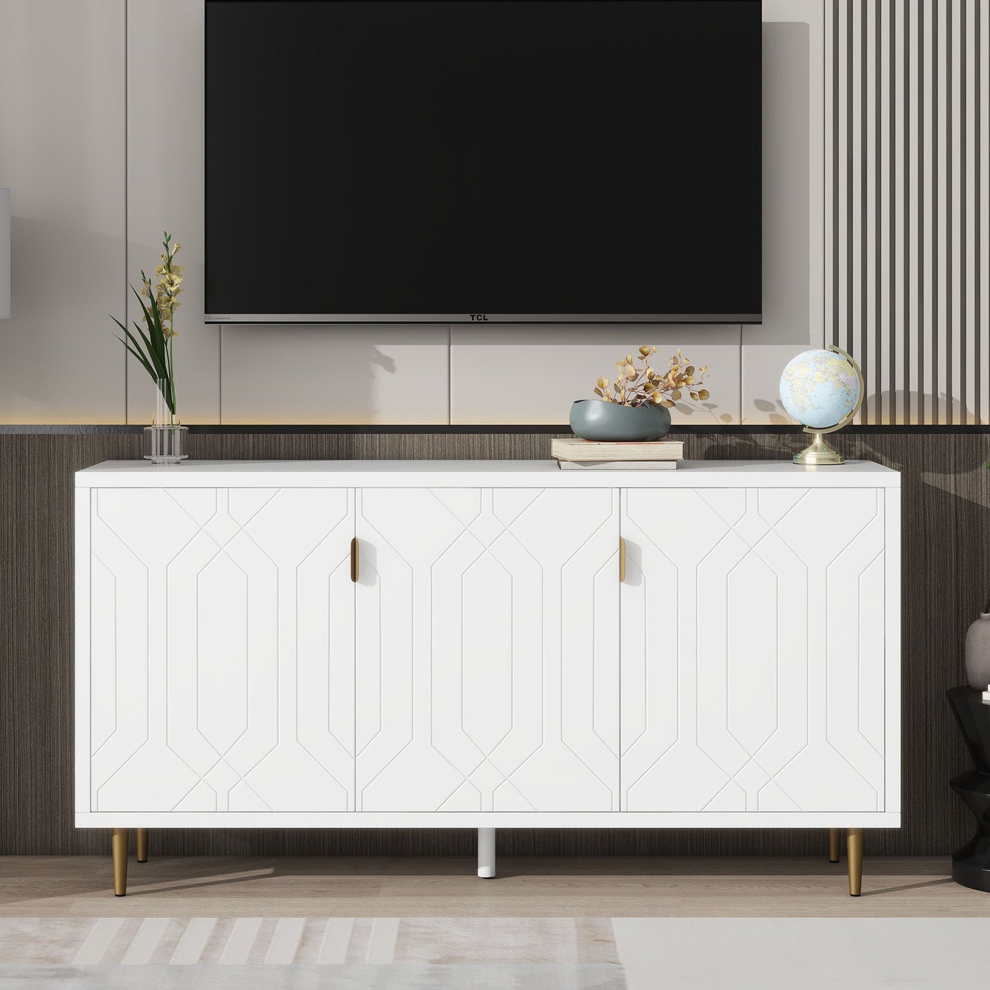 Modern TV Stand With 3 Doors And Adjustable Shelves For Living Room, Fits TVs Up To 70" - White