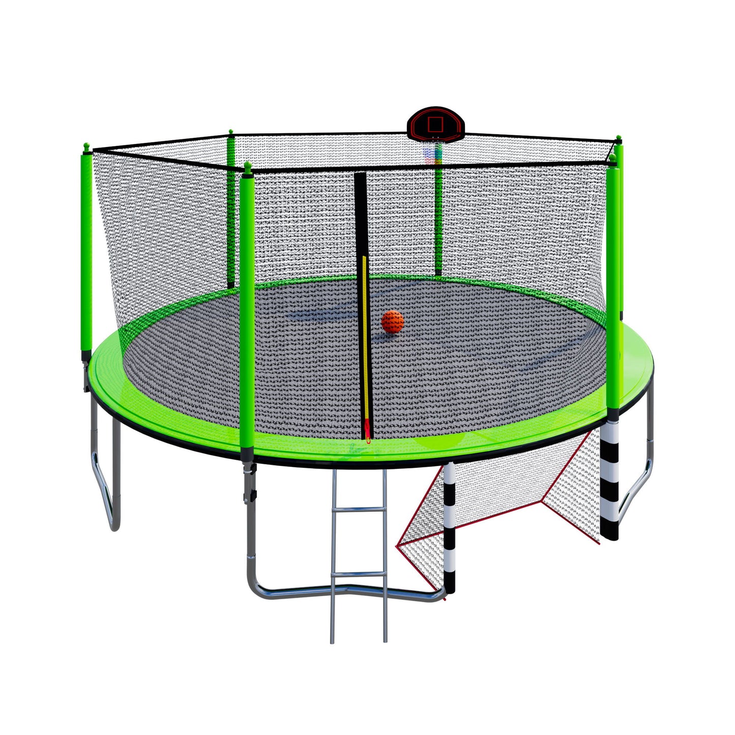 16Ft Trampoline With Basketball Hoop Pump And Ladder (Inner Safety Enclosure) With Soccer Goal - Green