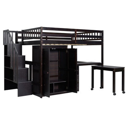 Full Size Loft Bed With Stairs, Bookshelf, Drawers, Desk & Wardrobe, Space Saving Multifunctional Furniture - Espresso