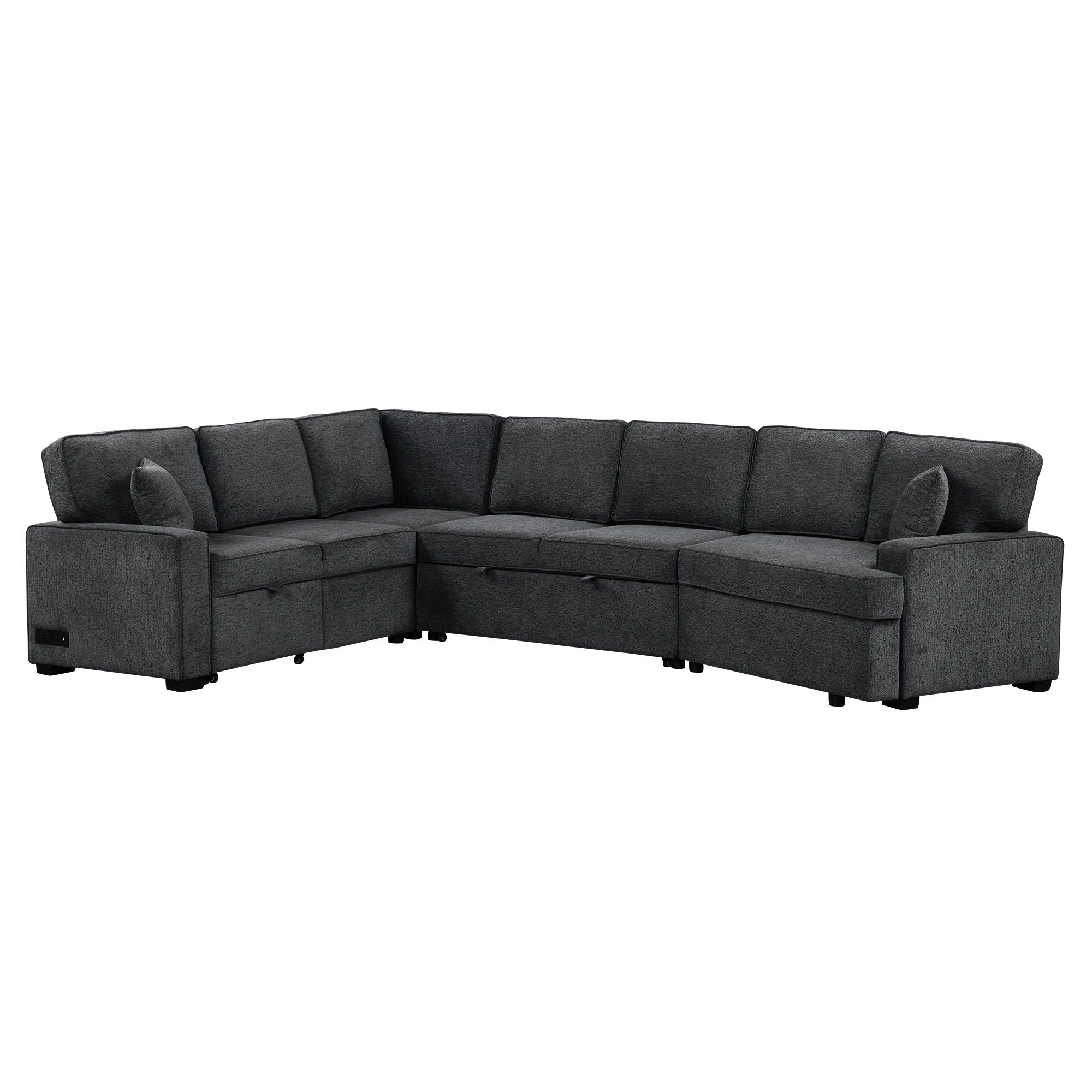 L-Shaped Sofa Sectional Sofa Couch Pull-Out Sofa Bed With Charging Devices And Cup Holders For Living Room - Blue Black