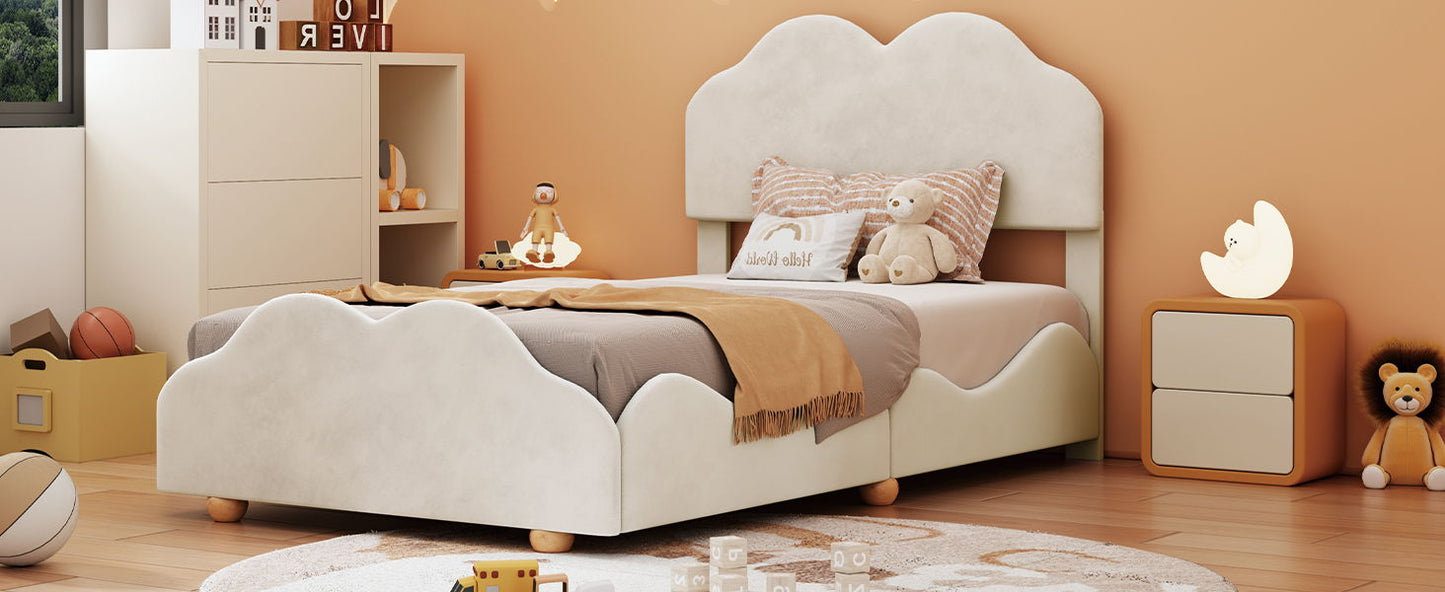 Twin Size Upholstered Platform Bed With Cloud Shaped Board - Beige