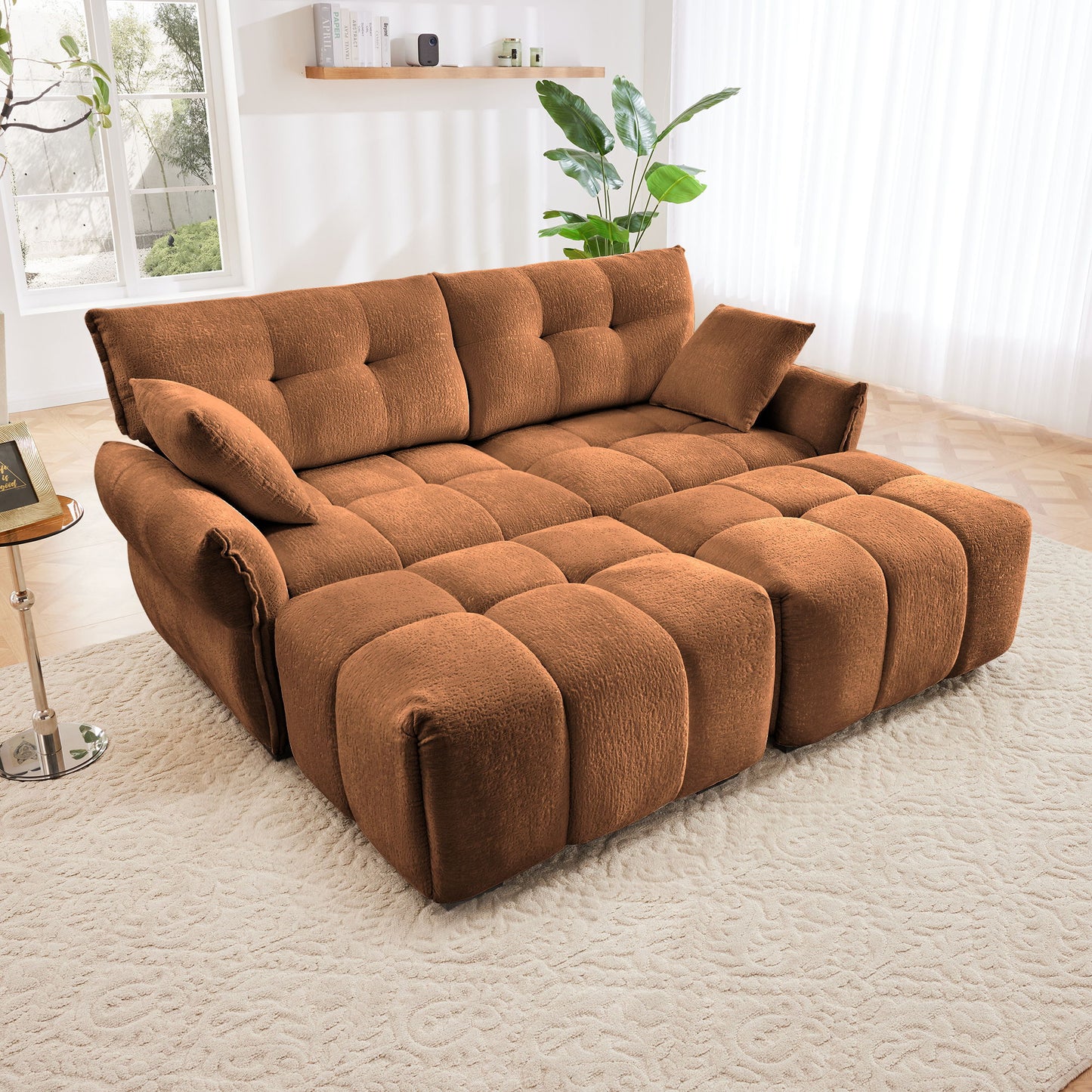 Cozy Plush 2 Seater Sofa Set With Ottomans And Throw Pillows - Burnt Orange