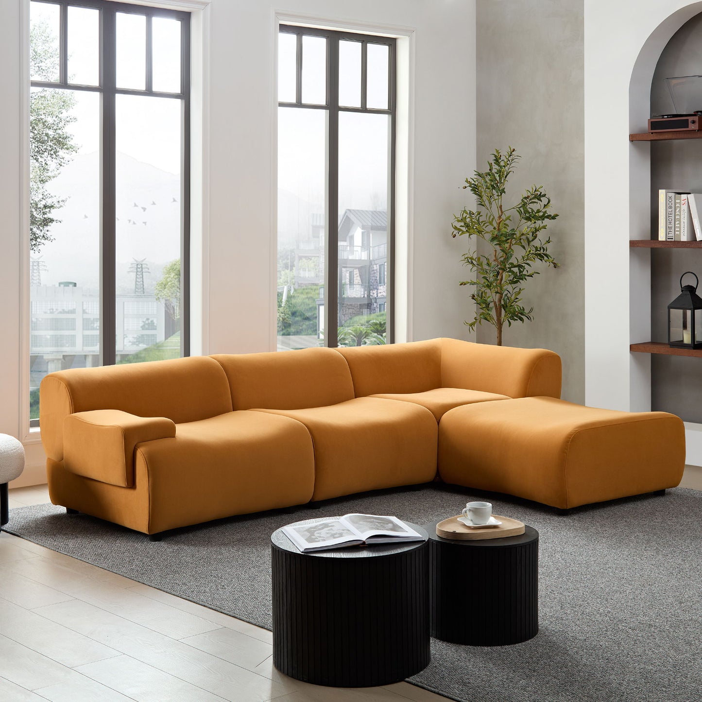 Sectional Sofa With Durable Fabric And High Density Sponge, Solid Wood Frame, 4 Seats - Orange
