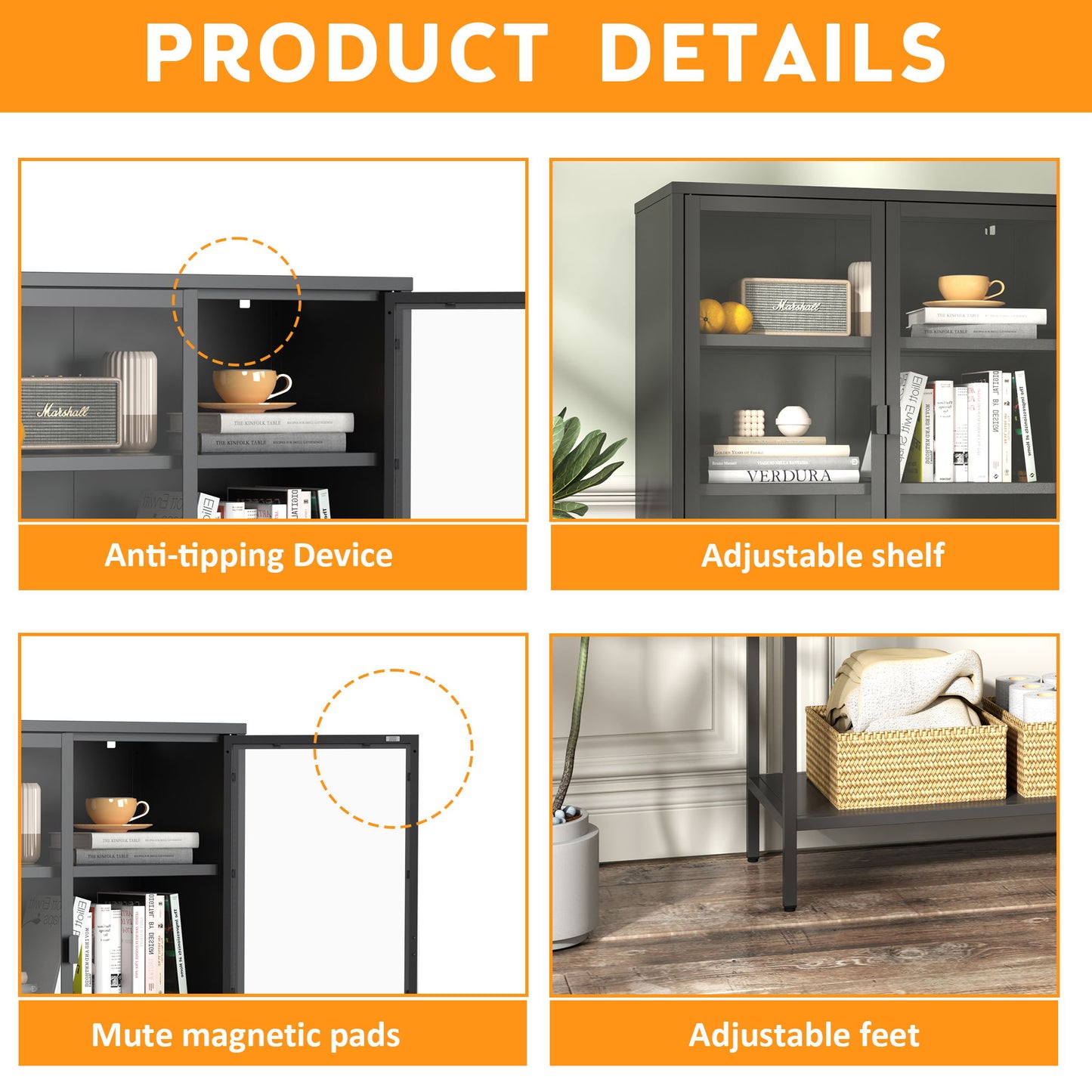 Heavy Duty Metal Storage Cabinet, Sideboards & Buffet, Display Storage Cabinet With Glass Doors And 2 Adjustable Shelves, Tall Bookcase Modern Bookshelf Cabinet For Home Office, Living Room - Black