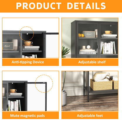 Heavy Duty Metal Storage Cabinet, Sideboards & Buffet, Display Storage Cabinet With Glass Doors And 2 Adjustable Shelves, Tall Bookcase Modern Bookshelf Cabinet For Home Office, Living Room - Black
