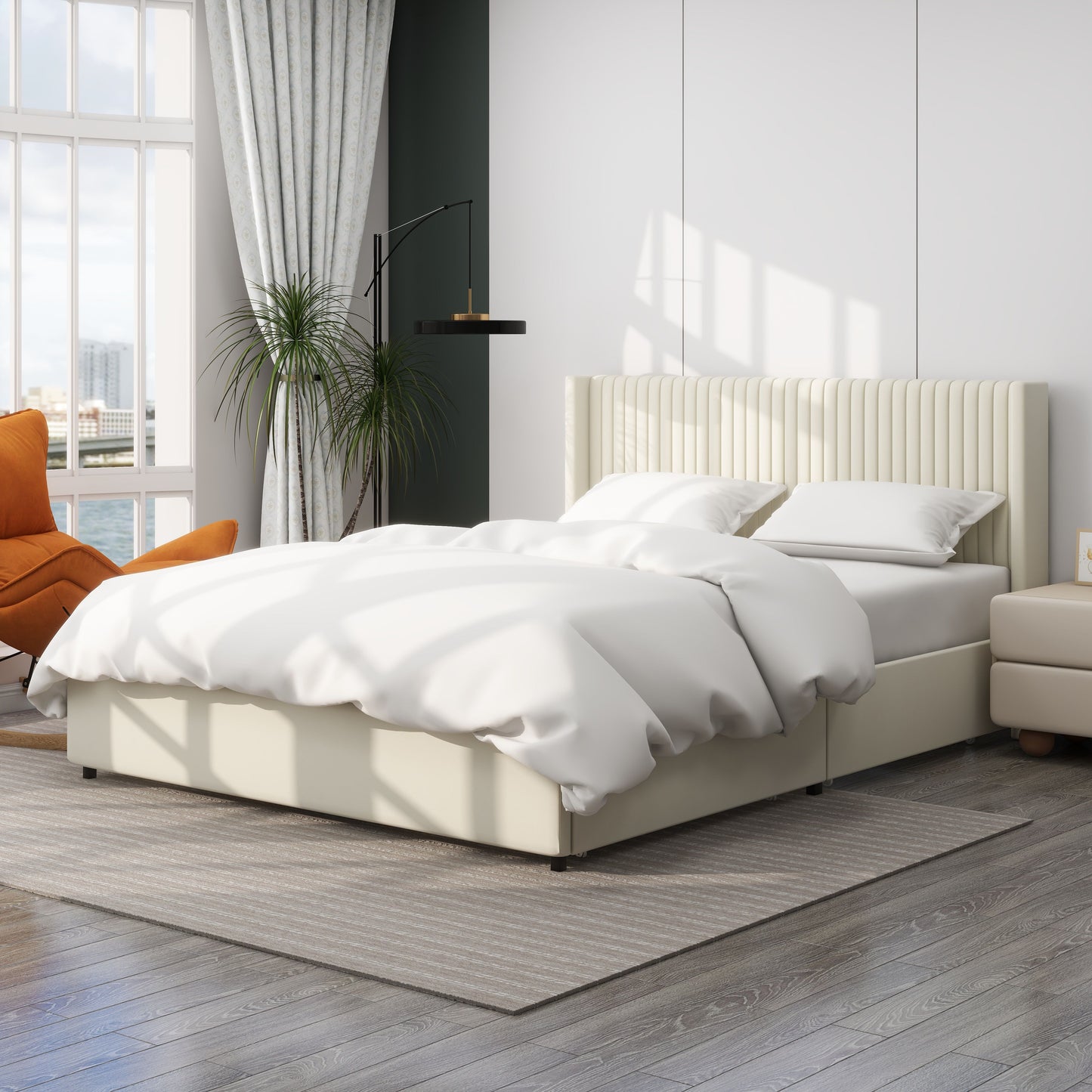 Anna - Queen Patented 2 Drawer Storage Bed, Upholstered Wingback - Ivory Velvet