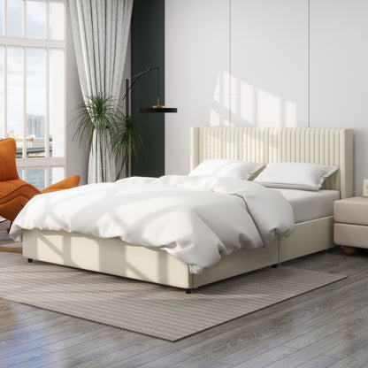 Anna - Queen Patented 2 Drawer Storage Bed, Upholstered Wingback - Ivory Velvet